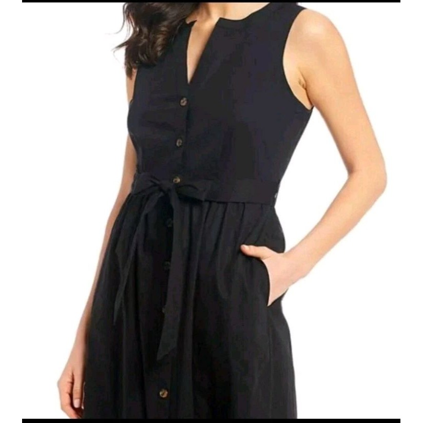 Calvin Klein Cotton Maxi Midi Dress Womens Size 10 Black Ruffle Hem Sleeveless